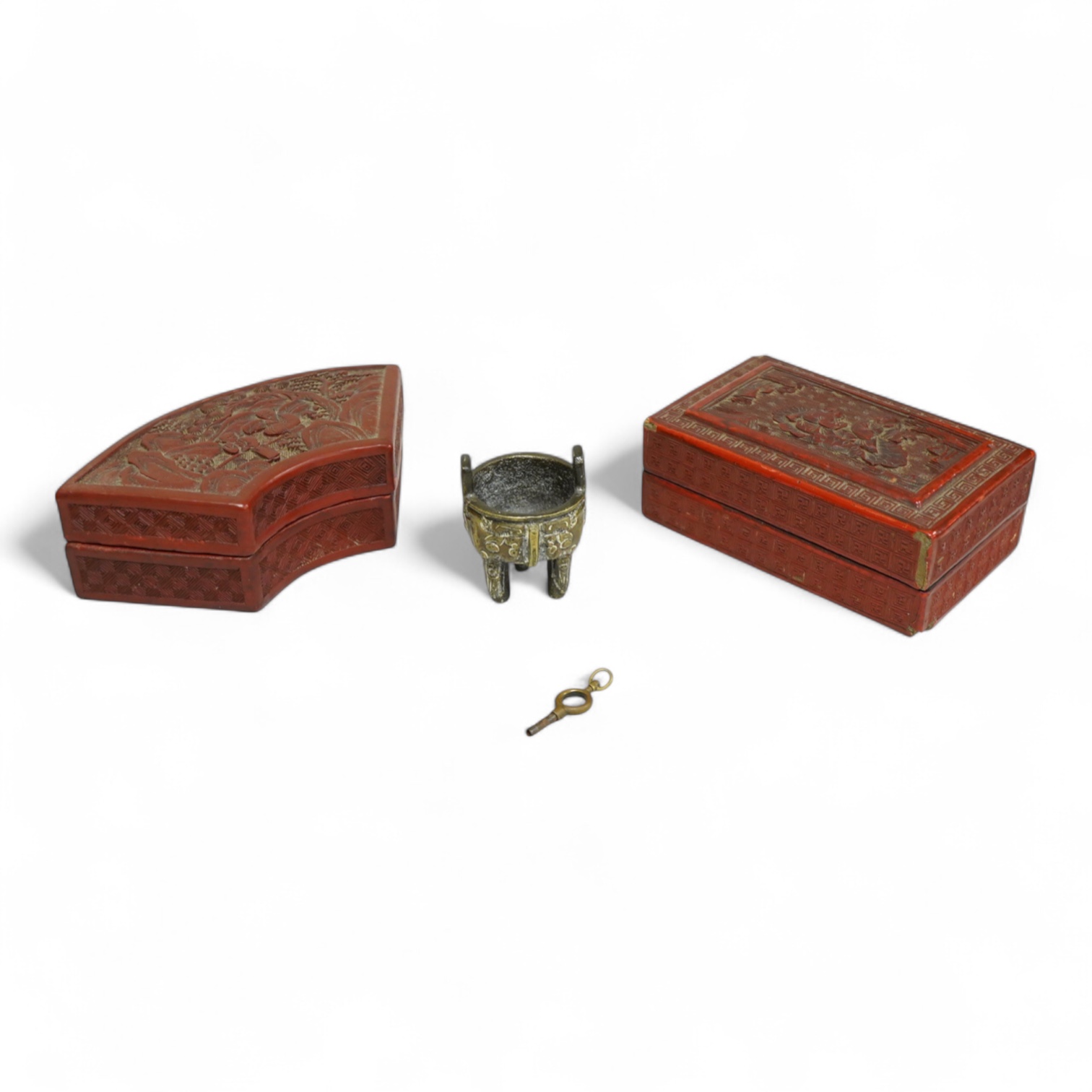 Two Chinese cinnabar lacquer boxes and a Chinese archaistic miniature bronze tripod censer, rectangular lacquer box 11.5cm high x 7.5cm deep